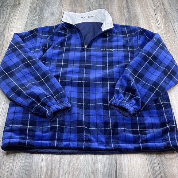 Polo Ralph Lauren Golf Jacket Size L Pullover Reversible Blue/ Plaid Fleece - Picture 1 of 16